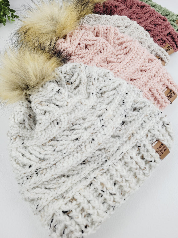 Pink Blossom Crochet, Adult Snap PomPom Crocheted Toques