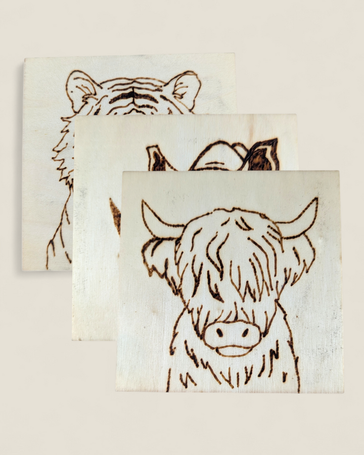 Marked In Wood, Wood Burnt Cork Backed Coasters