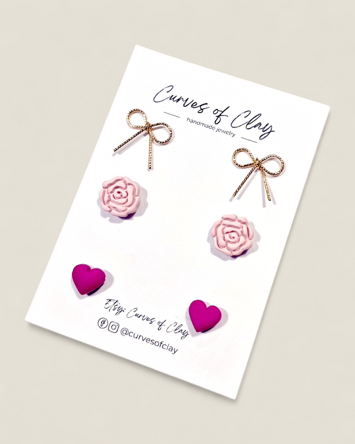 Curves of Clay, Valentine & Love Inspired Stud Earrings 3 Pack