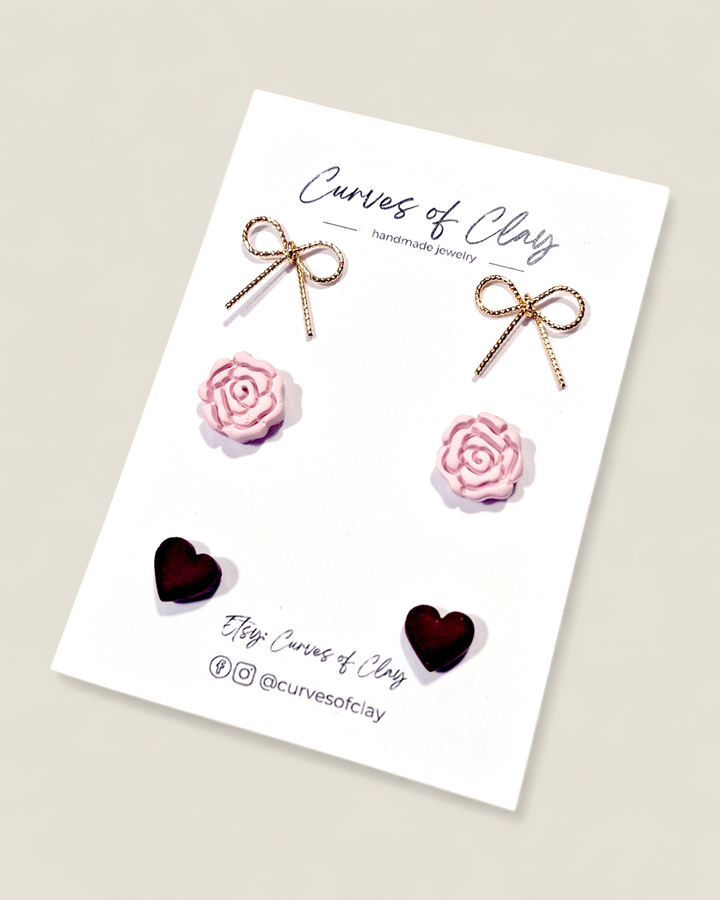 Curves of Clay, Valentine & Love Inspired Stud Earrings 3 Pack
